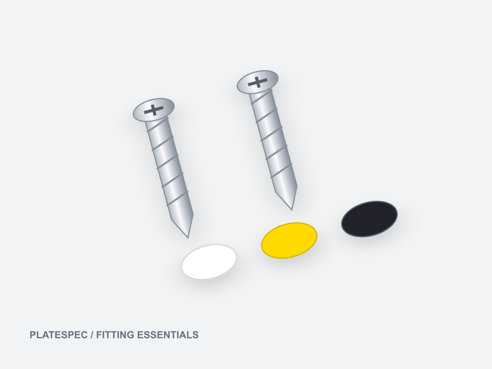 Number Plate Screw & Colour-Matched Cap Kit — PLATESPEC fitting illustration, not a product photograph
