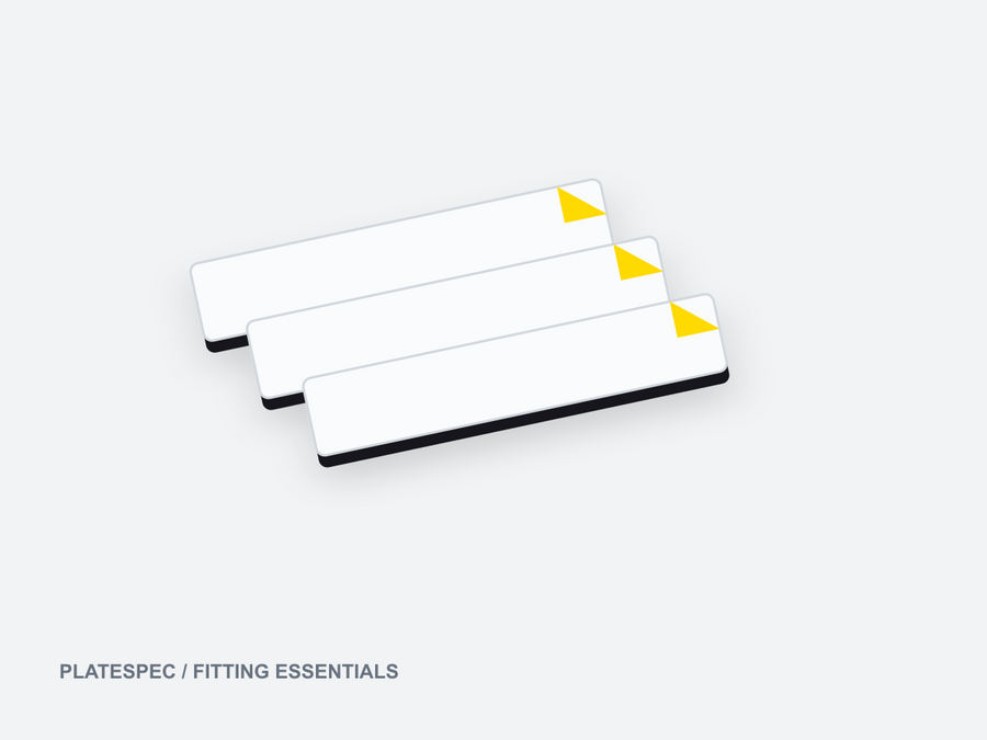 Number Plate Adhesive Fitting Pads — PLATESPEC fitting illustration, not a product photograph