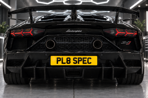 AI concept of 3D Gel Number Plates on a black Lamborghini; illustrative finish example, not a customer photograph