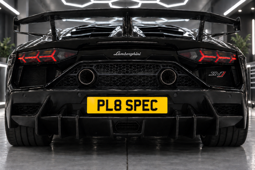 AI concept of 4D Acrylic 3mm Number Plates on a black Lamborghini; illustrative finish example, not a customer photograph