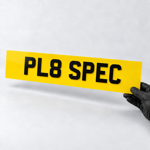AI studio concept of 4D Acrylic 3mm Number Plates on a yellow PL8 SPEC plate held by a black glove; illustrative, not a product photograph