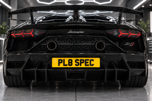 AI concept of 4D Acrylic 5mm Number Plates on a black Lamborghini; illustrative finish example, not a customer photograph