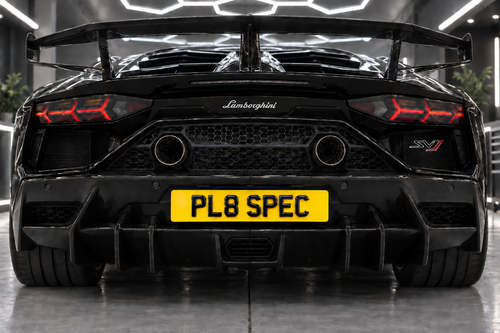 AI concept of 4D Gel Number Plates on a black Lamborghini; illustrative finish example, not a customer photograph